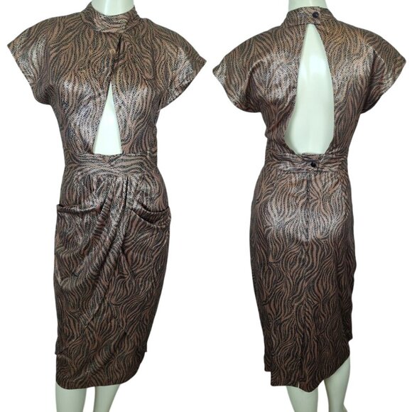 Vintage no name gold brown black Tiger print 70's 80's party cut out dress 7/8‎ - Picture 1 of 16